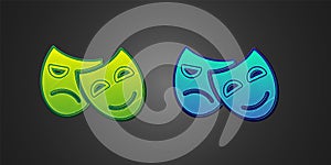 Green and blue Comedy and tragedy theatrical masks icon isolated on black background. Vector