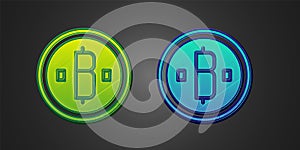 Green and blue Cryptocurrency coin Bitcoin icon isolated on black background. Physical bit coin. Blockchain based secure