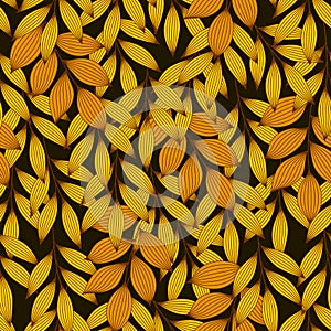 Green and blue elegant striped autumn leaves with veins seamless pattern on black, vector