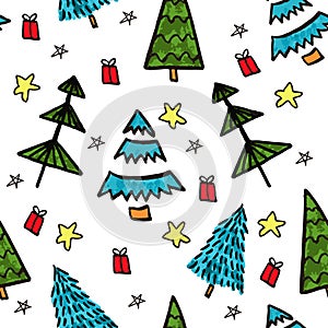 Green and blue fir trees on a white background with gift box, stars. Christmas Seamless pattern of winter cartoon forest