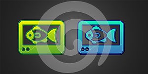 Green and blue Fish finder echo sounder icon isolated on black background. Electronic equipment for fishing. Vector