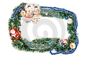 Green blue frame with balls, Santa Claus and figures of the inhabitants of the north for the new year and Christmas on a white ba