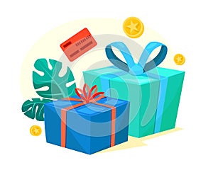 Green and blue gift boxes with red ribbon, bonus money, earn points, loyalty program, win prize, cash back for purchase