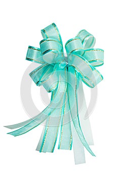 Green-blue and gold-trimmed ribbon bow isolated