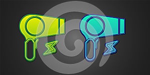 Green and blue Hair dryer icon isolated on black background. Hairdryer sign. Hair drying symbol. Blowing hot air. Vector