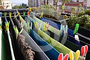 Green and Blue Laundry Drying, Colorful Pins, Home