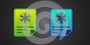 Green and blue Medical clipboard with clinical record icon isolated on black background. Prescription, medical check