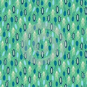 Hand drawn microorganisms seamless pattern on green background.
