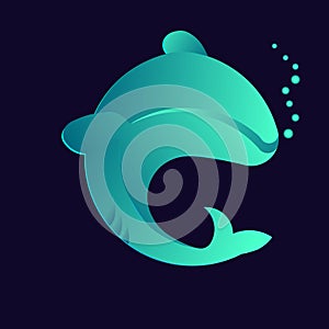 Green-blue neon silhouette of a dolphin with bubbles. The design is suitable for decor, logo, dolphinarium, web game, animation