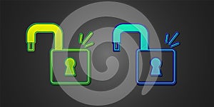 Green and blue Open padlock icon isolated on black background. Opened lock sign. Cyber security concept. Digital data