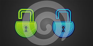 Green and blue Open padlock icon isolated on black background. Opened lock sign. Cyber security concept. Digital data