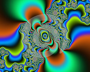 Green blue orange flowery fantasy fractal, abstract flowery spiral shapes, background