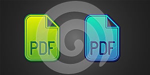 Green and blue PDF file document. Download pdf button icon isolated on black background. PDF file symbol. Vector