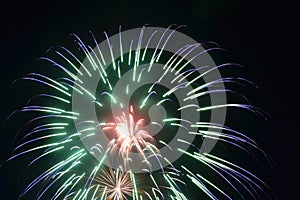 Green blue pink white firework show burst of color explosion in the night 4th of July celebration