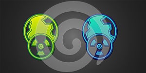 Green and blue Planet earth and radiation symbol icon isolated on black background. Environmental concept. Vector