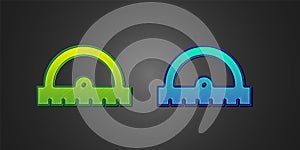 Green and blue Protractor grid for measuring degrees icon isolated on black background. Tilt angle meter. Measuring tool