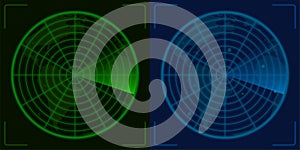 Green and blue radar screen with small planes. Civil and military aviation. Airplane and navy route control. Vector