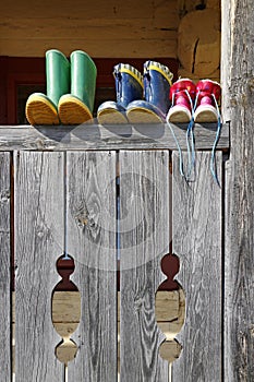 Green, blue and red boots