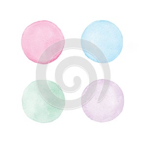 Green, blue, red, purple circle watercolour painting textured on white paper isolated on white background