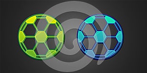 Green and blue Soccer football ball icon isolated on black background. Sport equipment. Vector