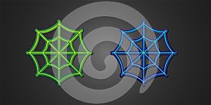 Green and blue Spider web icon isolated on black background. Cobweb sign. Happy Halloween party. Vector