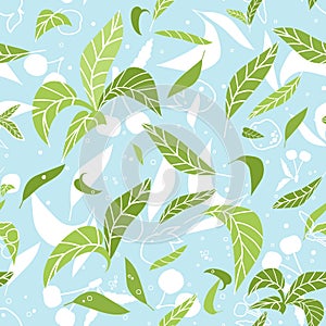 Green blue summer leaves seamless pattern. Vector illustration of cherries, plums, leaves silhouettes on blue background in flat