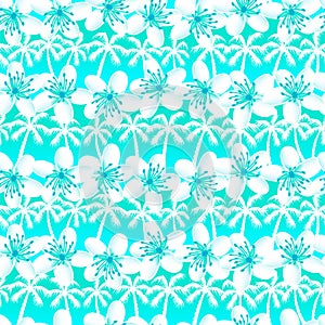 Green and Blue tropical frangipani with palm trees seamless pattern
