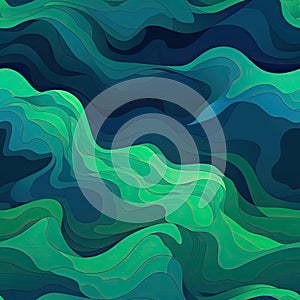 Green and Blue Wavy Abstract Seamless Pattern 04. Generative AI.