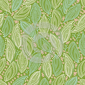 Green blue white allover leaf doodle background design
