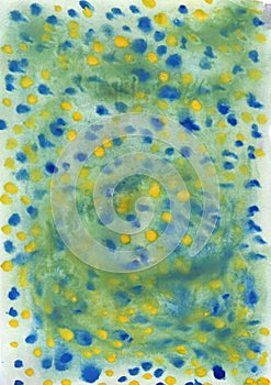 Green, blue and yellow abstract dots watercolor macro texture background