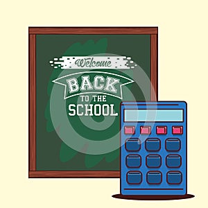 Green board with calculator of back to school vector design