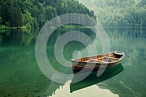 Green boat on calm lake water surrounded by forest