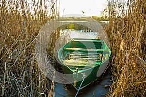 Green boat moored in the dry reeds