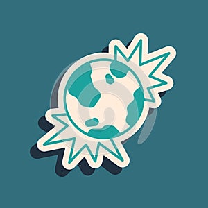 Green Bomb explosive planet earth war danger icon isolated on green background. Long shadow style. Vector