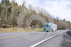 Green bonnet big rig semi truck transporting cargo in refrigerator semi trailer driving on the road with forest on the hill side