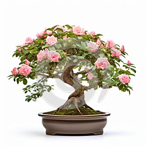 Green Bonsai Rose Tree: Traditional Craftsmanship In Pink And Brown