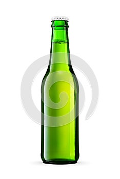 Green bottle of beer isolated on clean white background with clipping path