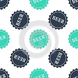 Green Bottle cap with beer word icon isolated seamless pattern on white background. Vector