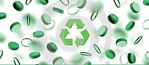 Green bottle caps for recycling symbol on white background. Plastic caps floating, fly. The concept of safety from environmental