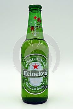 Green bottle of Heineken Lager Beer.