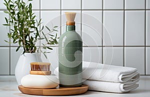 green bottle of shampoo, towel, wooden brushes, and herbs in a white ceramic bathroom