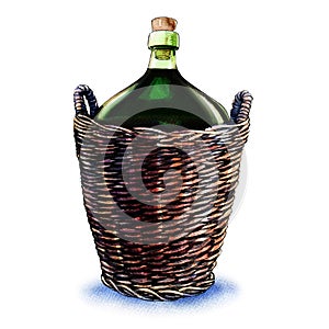 Green bottle of wine in wicker basket isolated on white