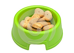 Green bowl of bone-shaped dog biscuits