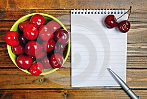 Green bowl with cherries fruit