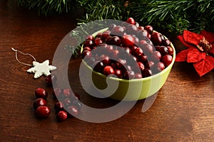 Green bowl of fresh cranberries at christmas time