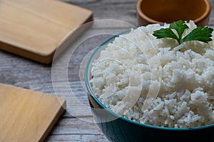 green bowl with white rice. photo