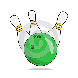 Green bowling ball and three pins. Vector illustration. Cartoon