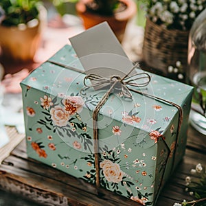 A green box with a floral design and a tag that says Merry Day