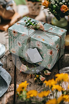 A green box with a floral design and a tag that says Merry Day