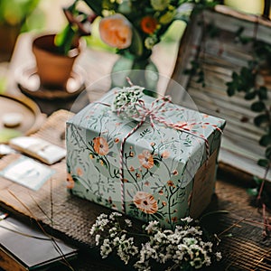 A green box with a floral design and a tag that says Merry Day